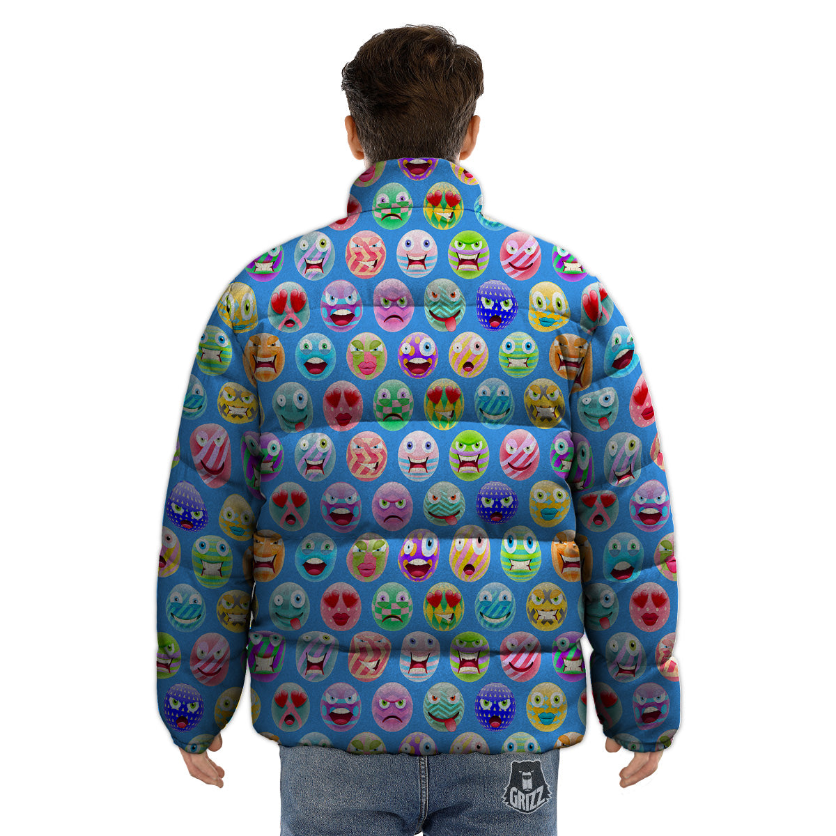 Cute Emoji Blue Print Pattern Puffer Jacket-grizzshop