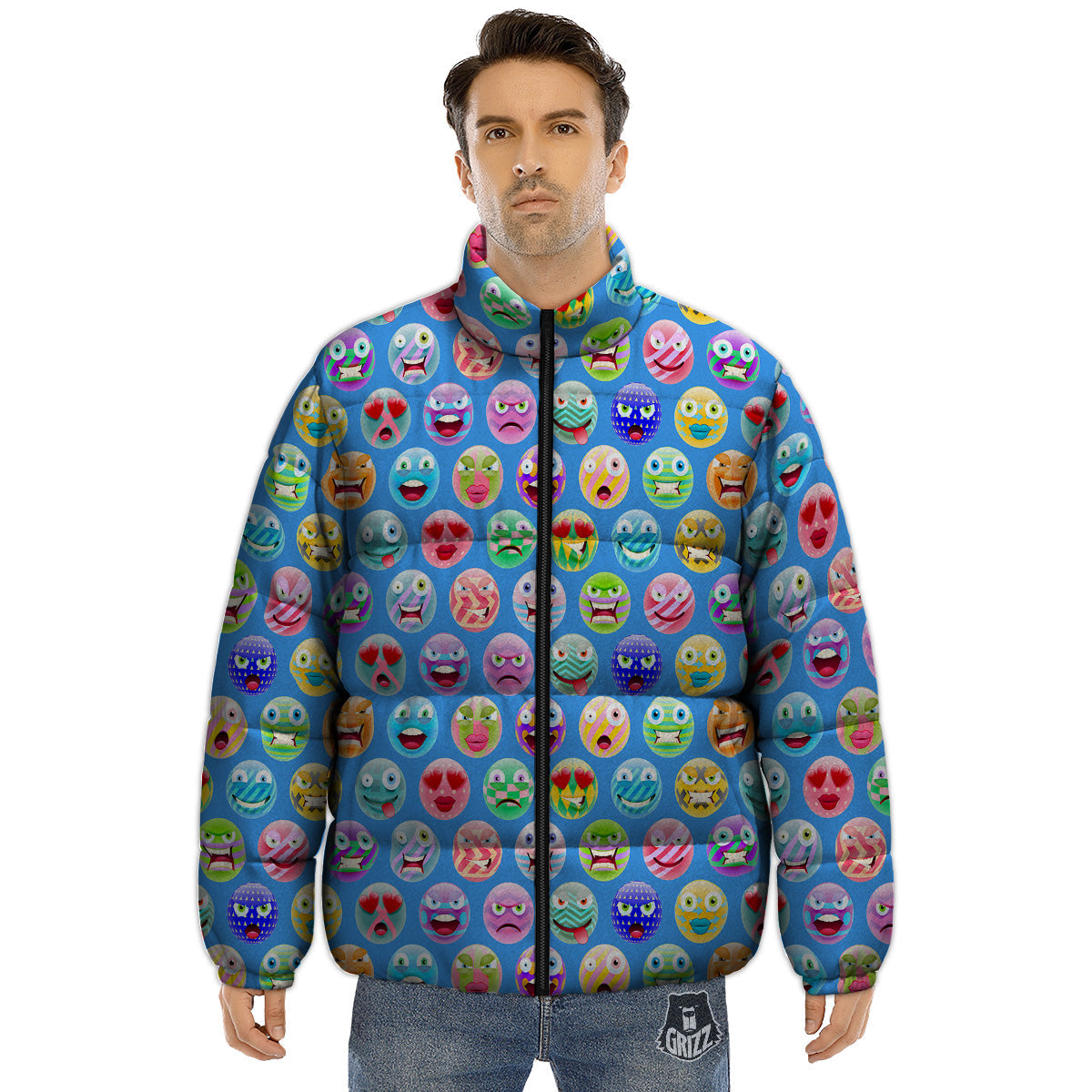 Cute Emoji Blue Print Pattern Puffer Jacket-grizzshop