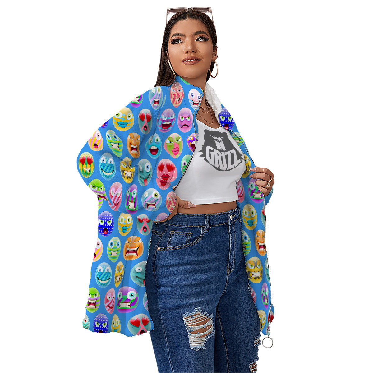 Cute Emoji Blue Print Pattern Women's Sherpa Jacket-grizzshop