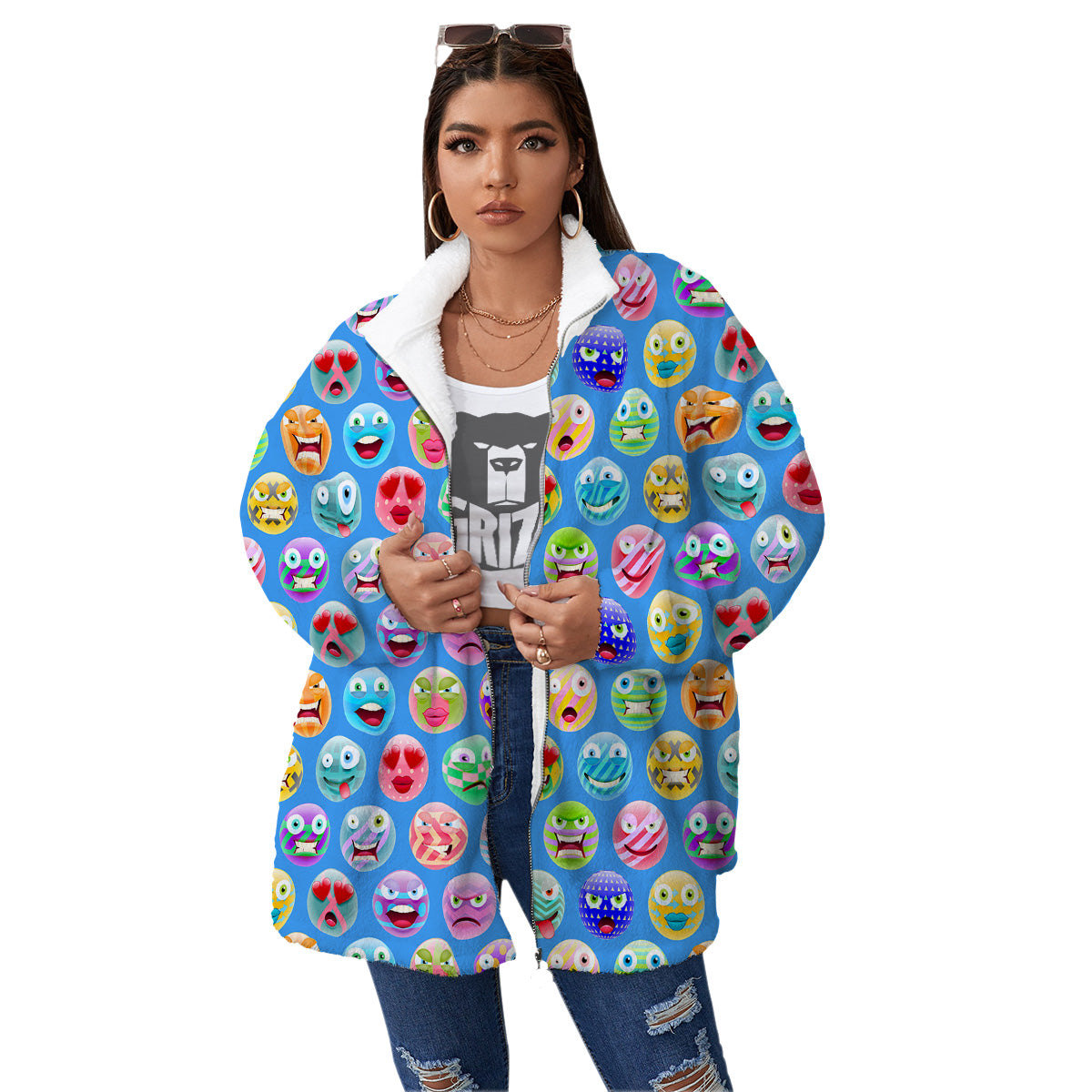 Cute Emoji Blue Print Pattern Women's Sherpa Jacket-grizzshop