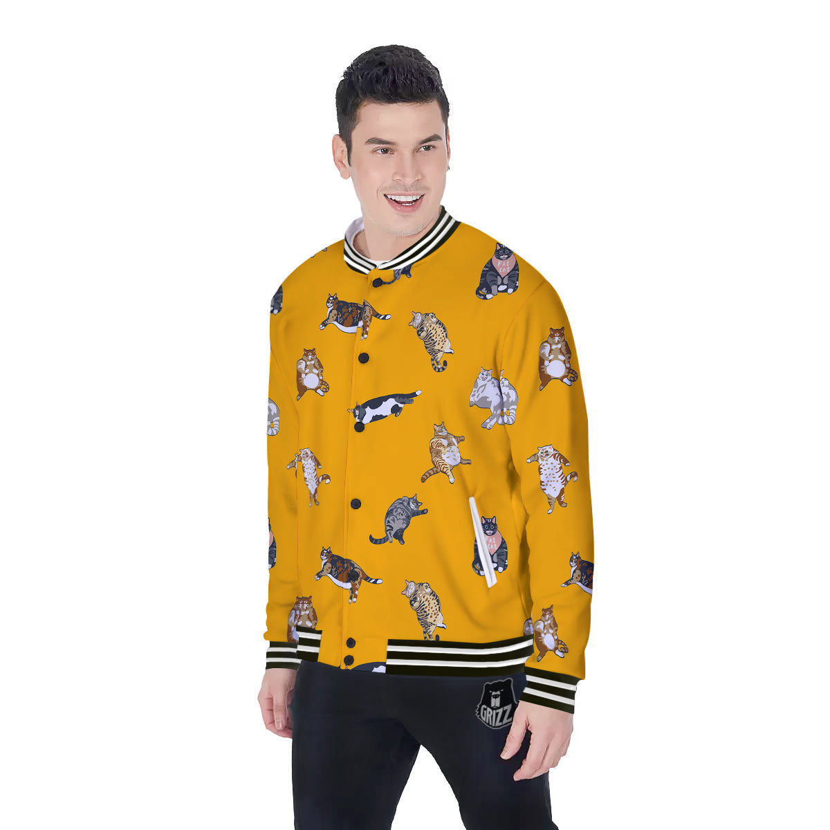 Cute Fat Cat Print Pattern Baseball Jacket-grizzshop