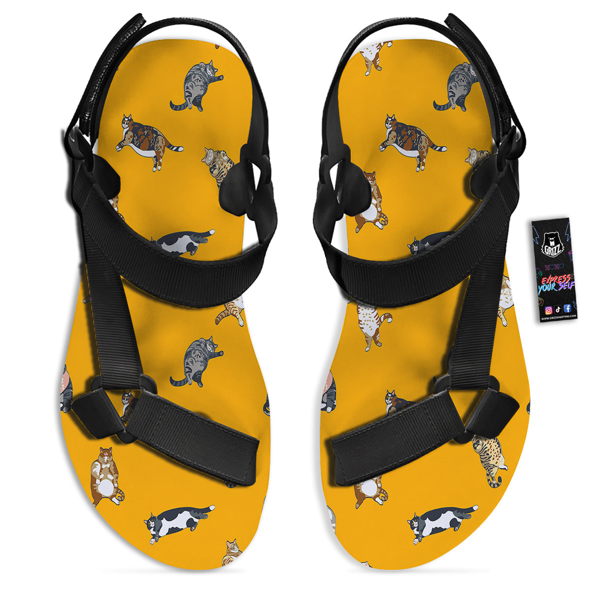 Cute Fat Cat Print Pattern Black Open Toe Sandals-grizzshop