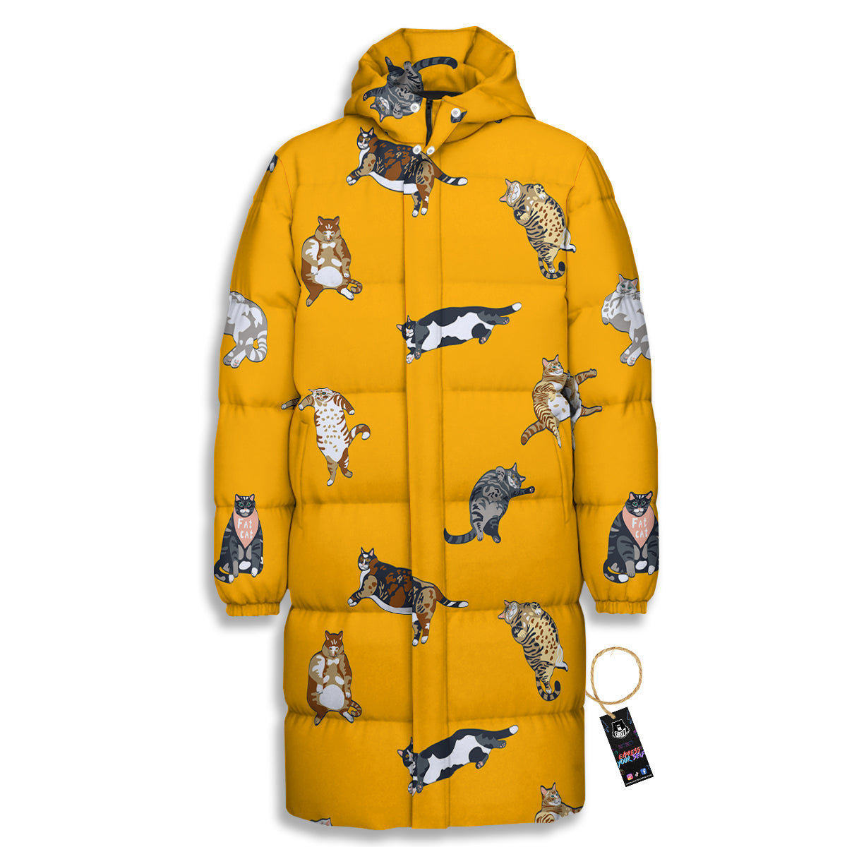 Cute Fat Cat Print Pattern Long Down Jacket-grizzshop