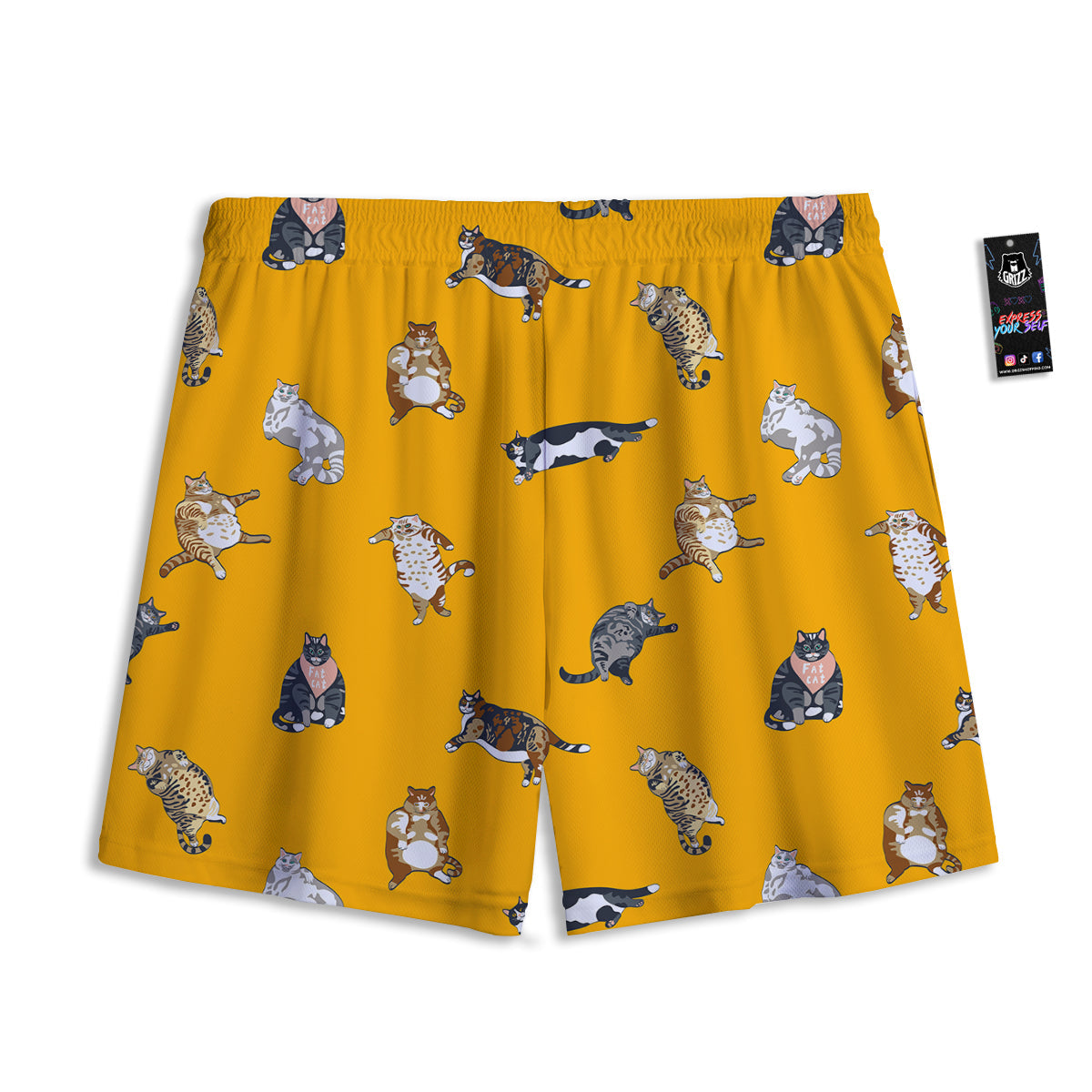 Cute Fat Cat Print Pattern Mesh Shorts-grizzshop