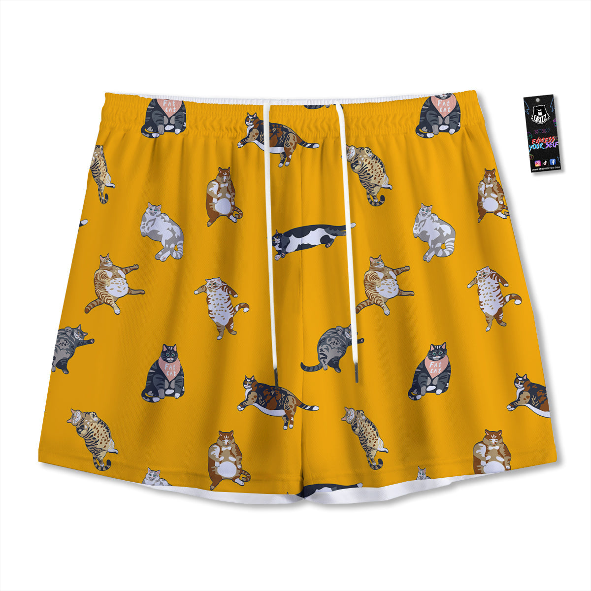 Cute Fat Cat Print Pattern Mesh Shorts-grizzshop