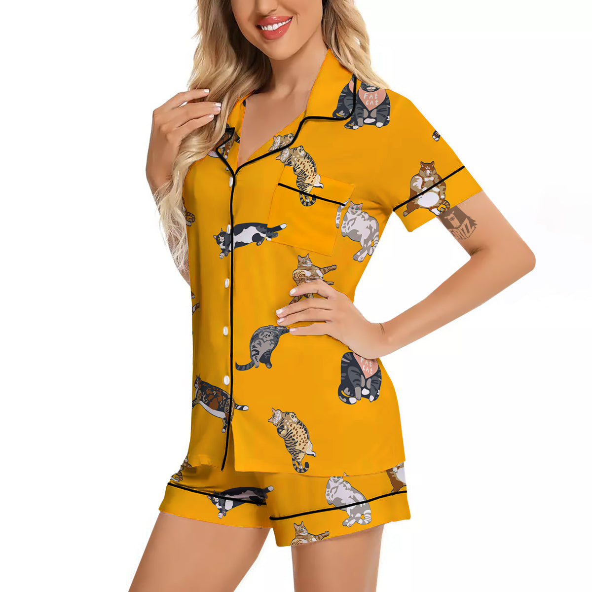 Cute Fat Cat Print Pattern Women Silk Pajamas-grizzshop