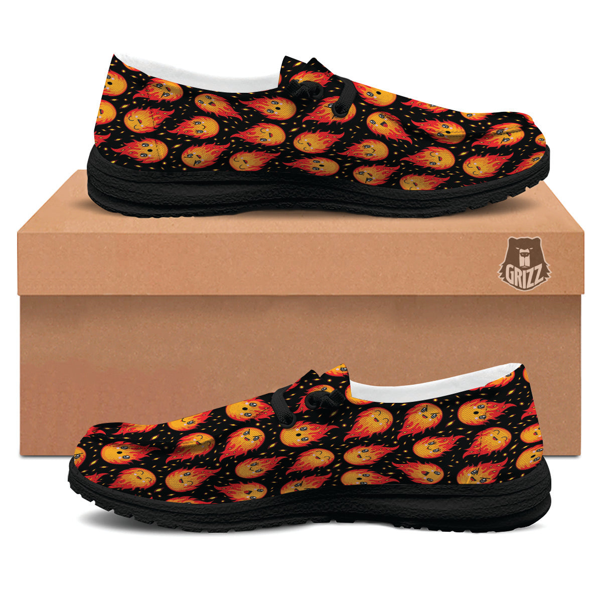 Cute Fire Cartoons Print Pattern Black Loafers-grizzshop