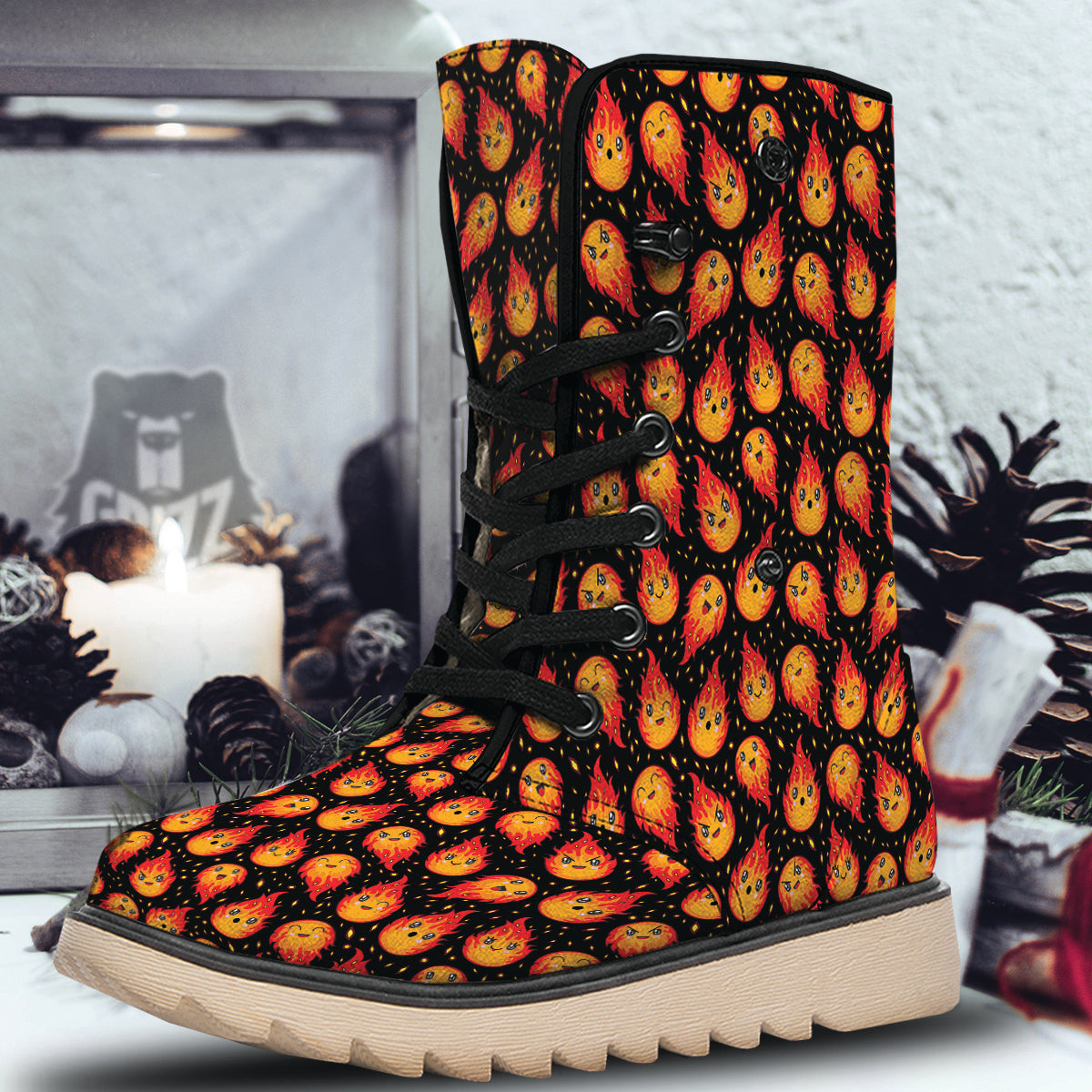 Cute Fire Cartoons Print Pattern Snow Boots-grizzshop