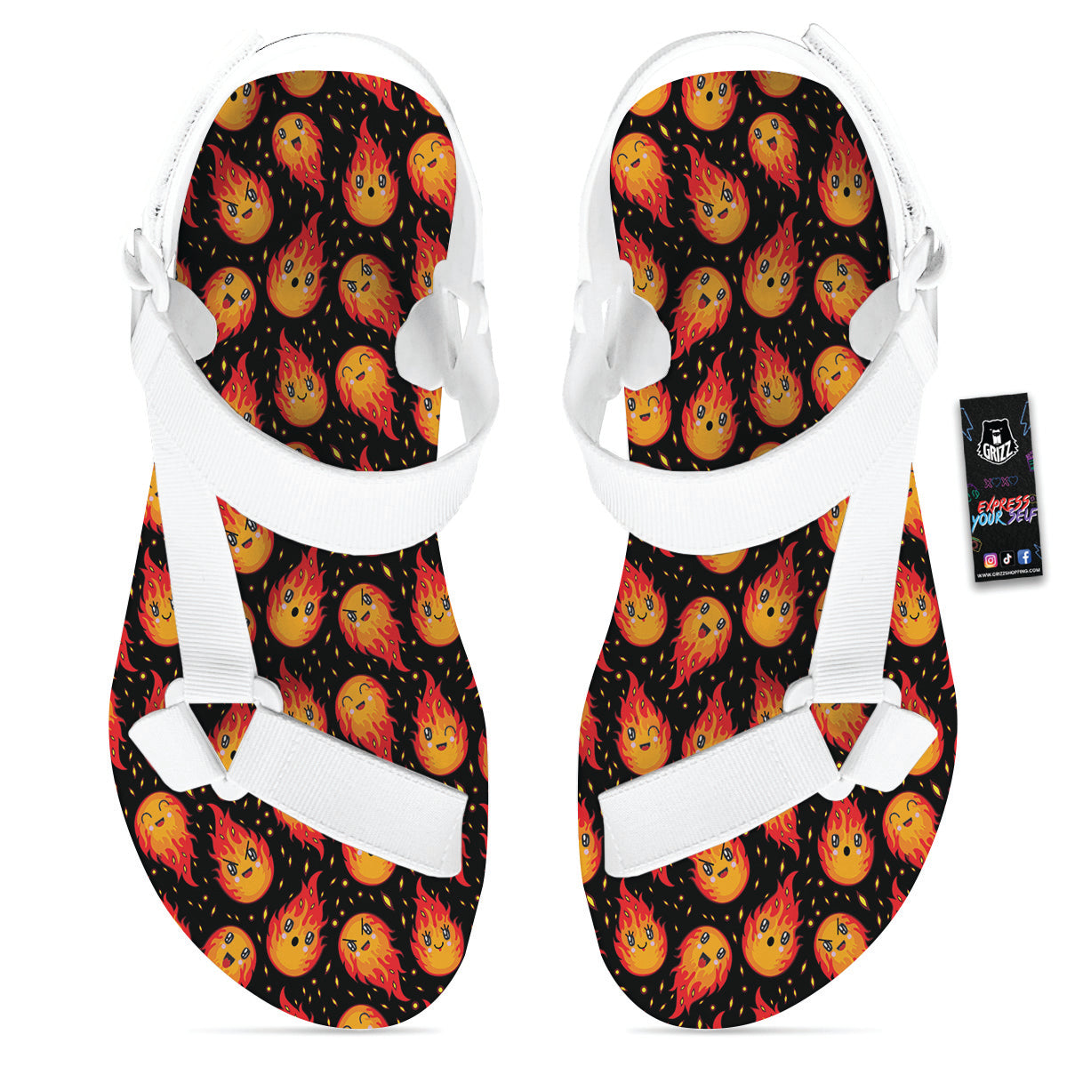 Cute Fire Cartoons Print Pattern White Open Toe Sandals-grizzshop