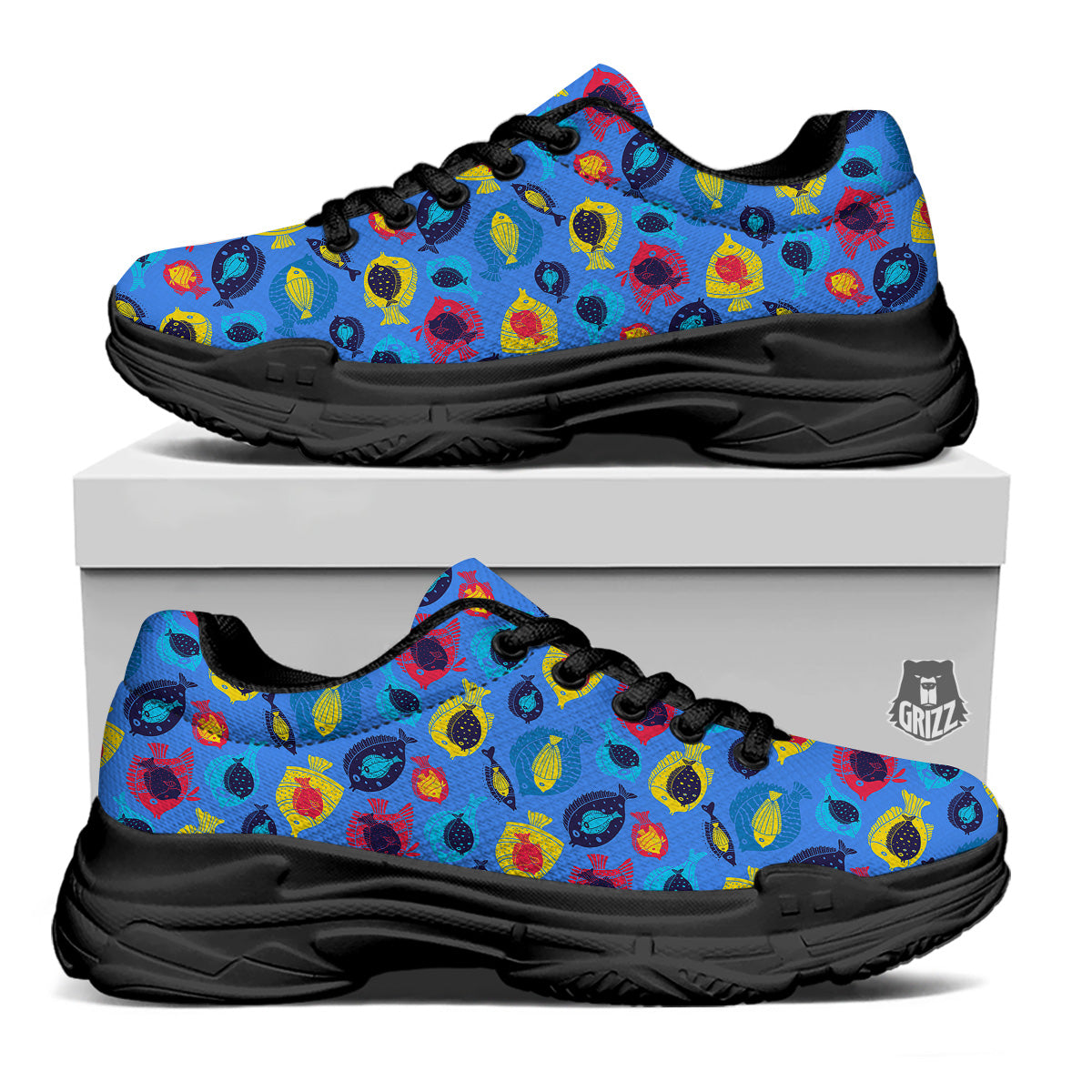 Cute Fish Colorful Blue Print Pattern Black Chunky Shoes-grizzshop