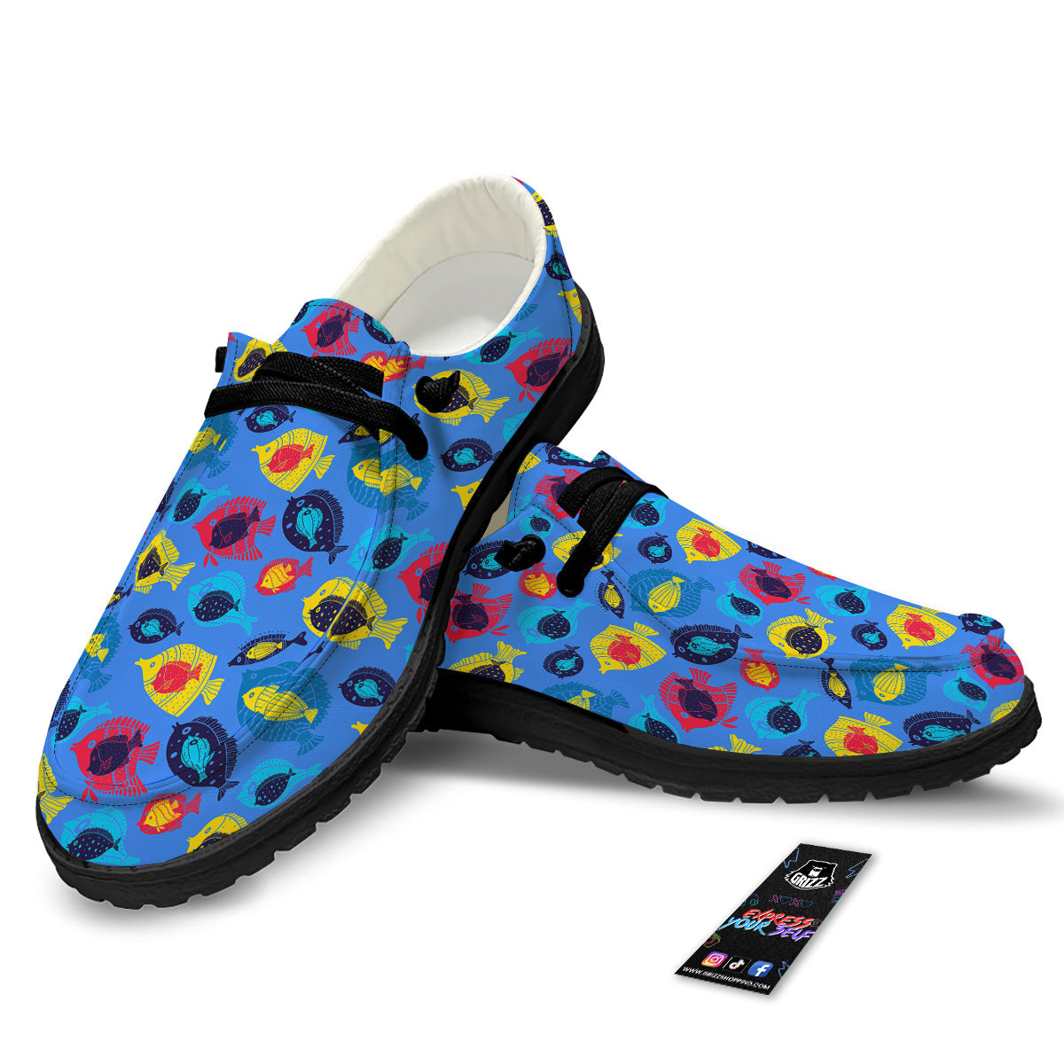 Cute Fish Colorful Blue Print Pattern Black Loafers-grizzshop