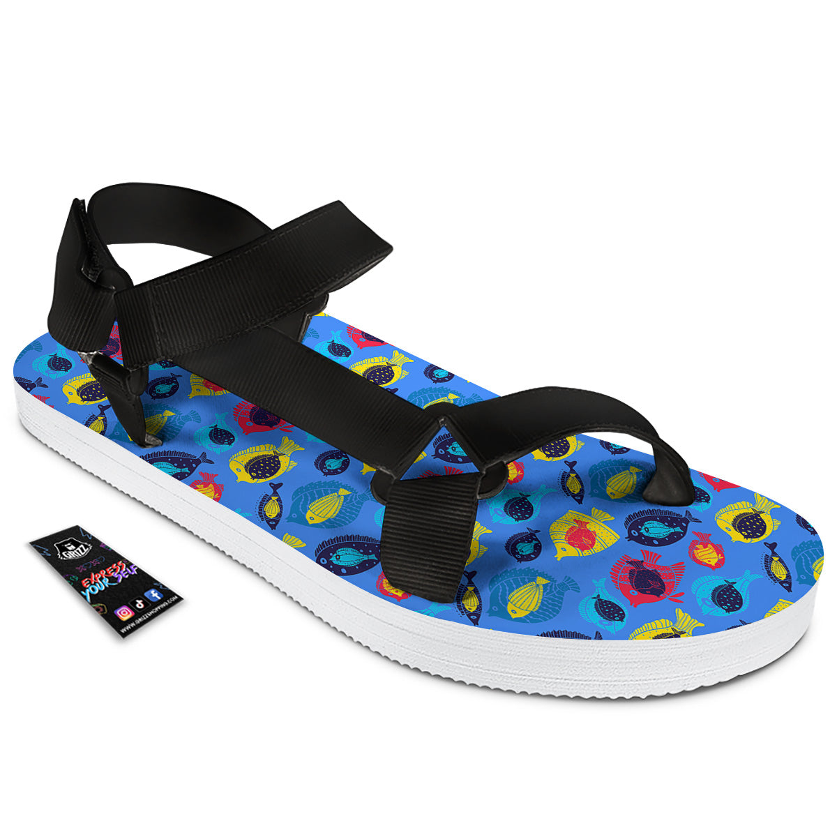 Cute Fish Colorful Blue Print Pattern Black Open Toe Sandals-grizzshop