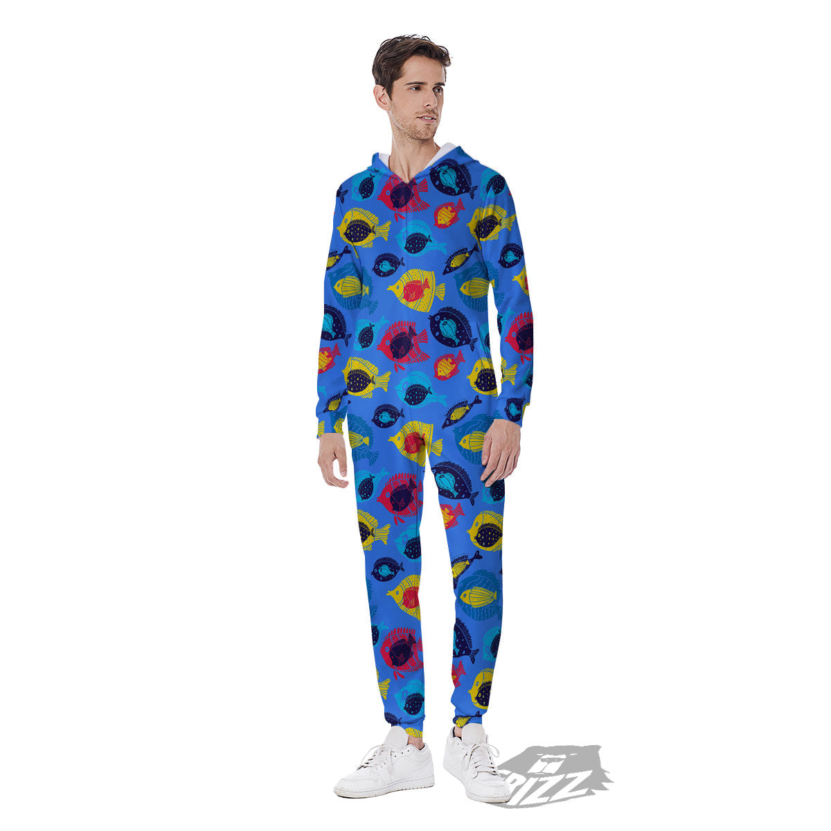 Cute Fish Colorful Blue Print Pattern Men's Jumpsuit-grizzshop