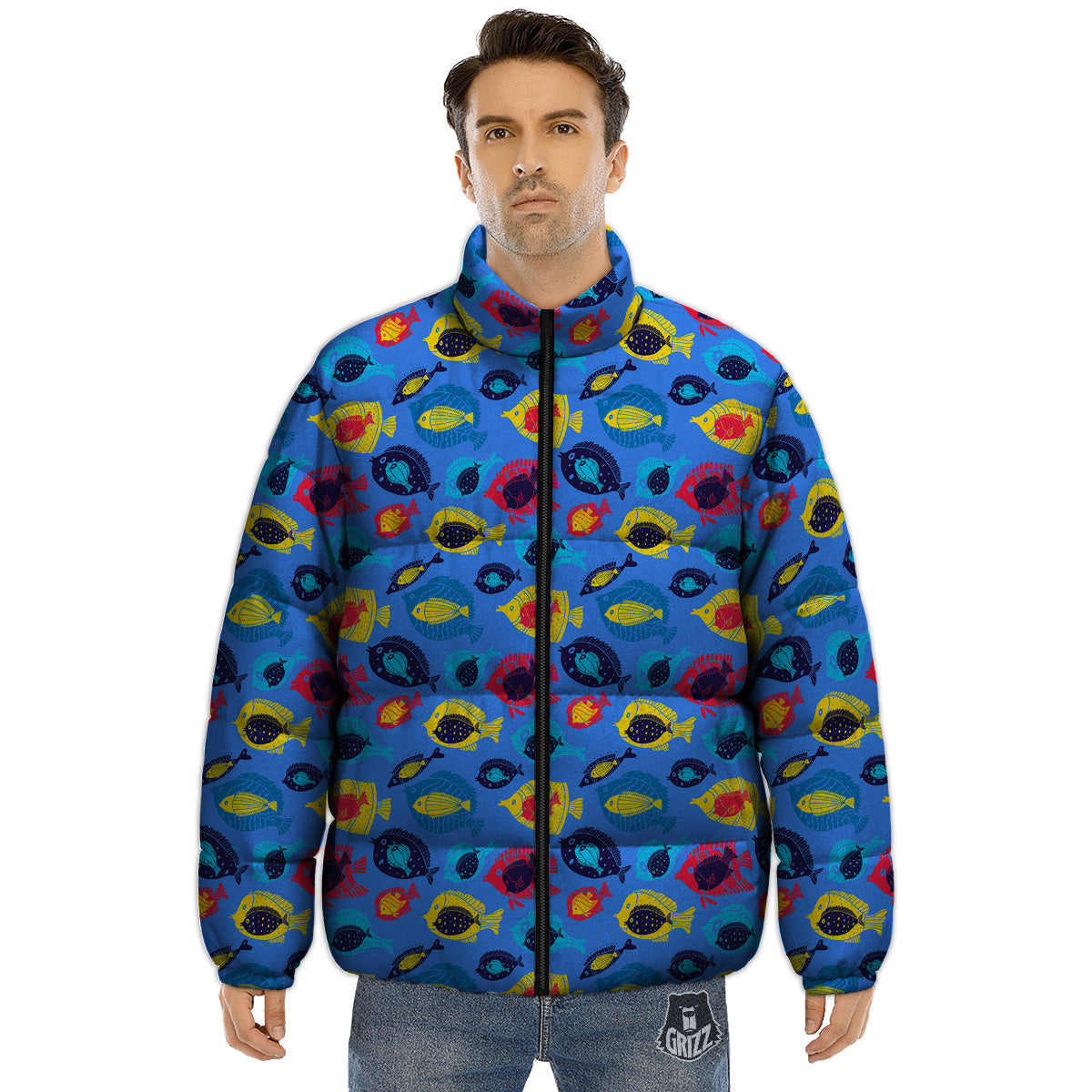 Cute Fish Colorful Blue Print Pattern Puffer Jacket-grizzshop