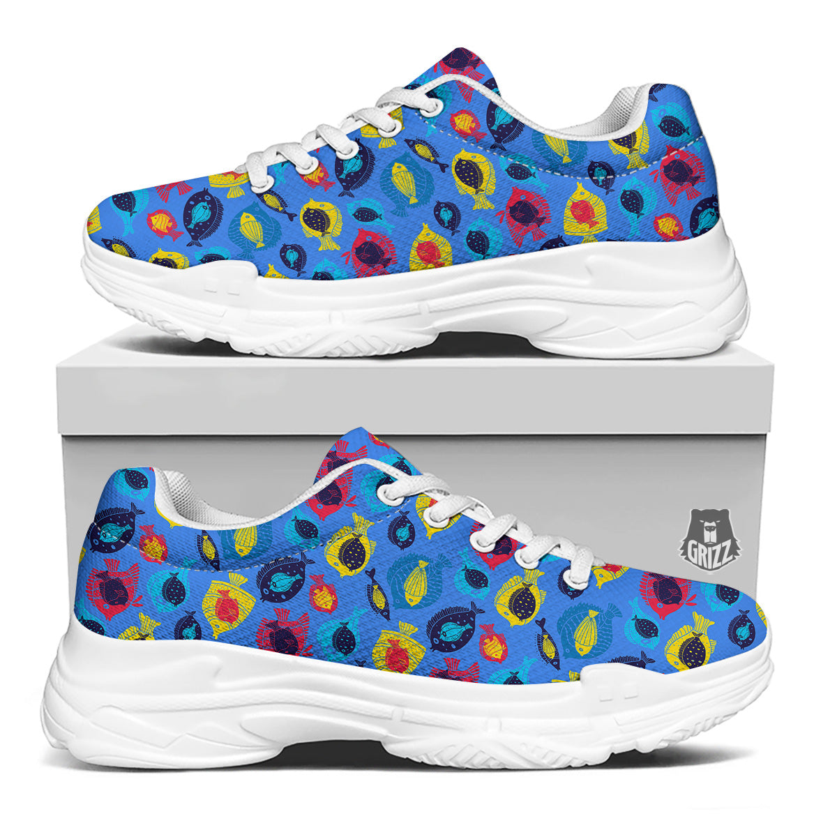 Cute Fish Colorful Blue Print Pattern White Chunky Shoes-grizzshop