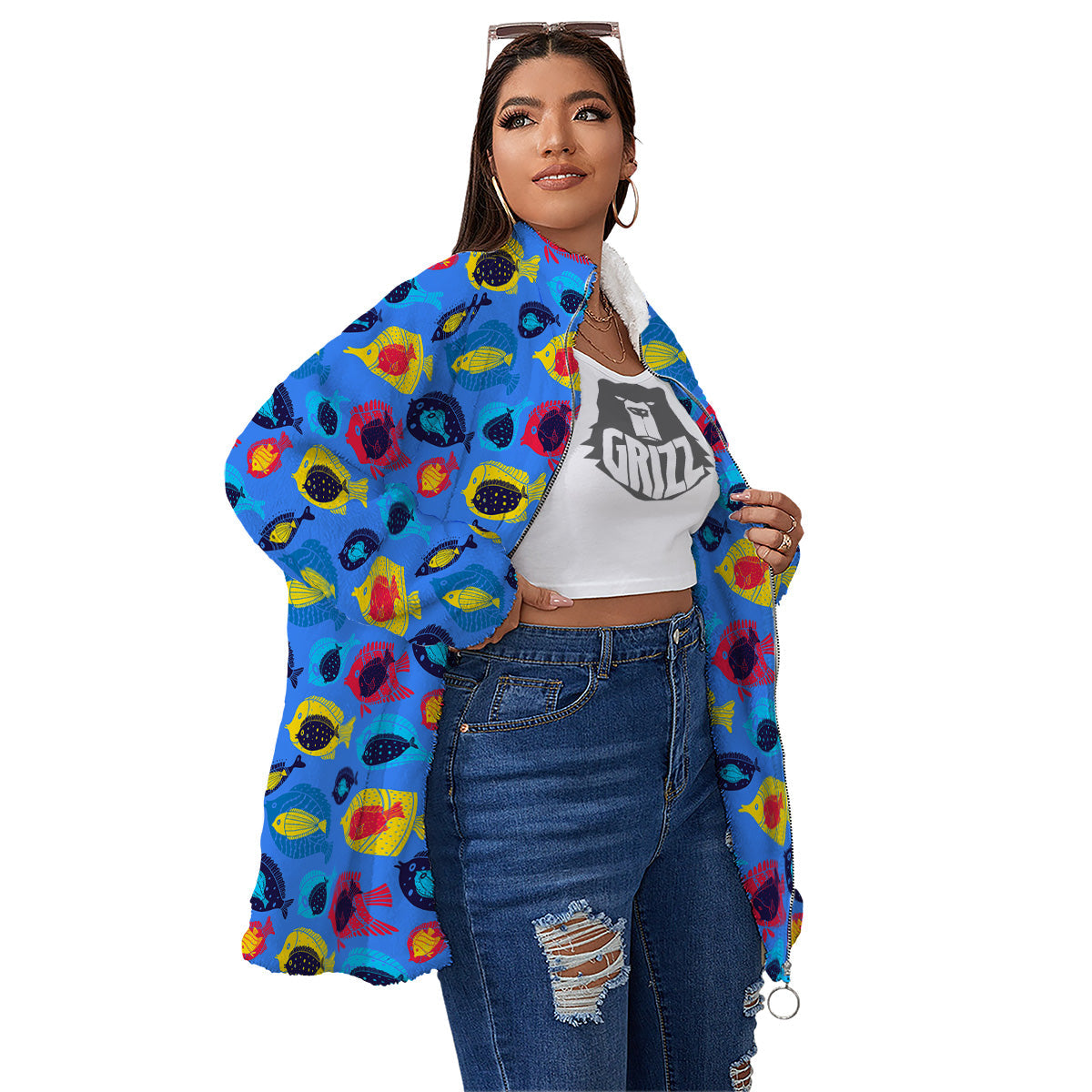 Cute Fish Colorful Blue Print Pattern Women's Sherpa Jacket-grizzshop