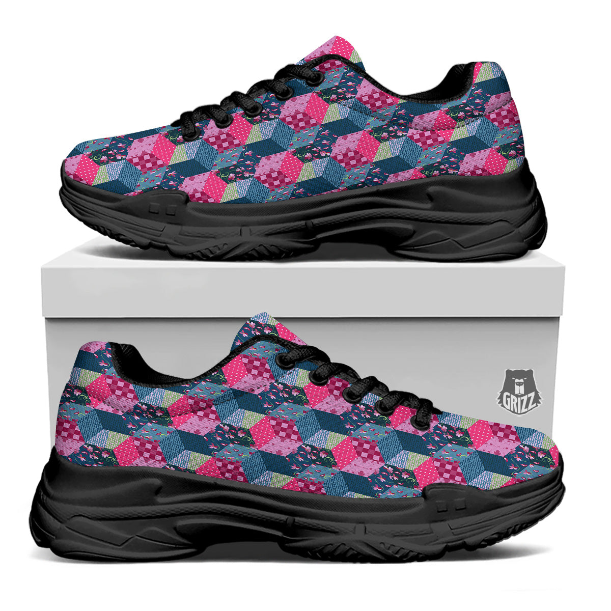 Cute Floral Patchwork Print Pattern Black Chunky Shoes-grizzshop