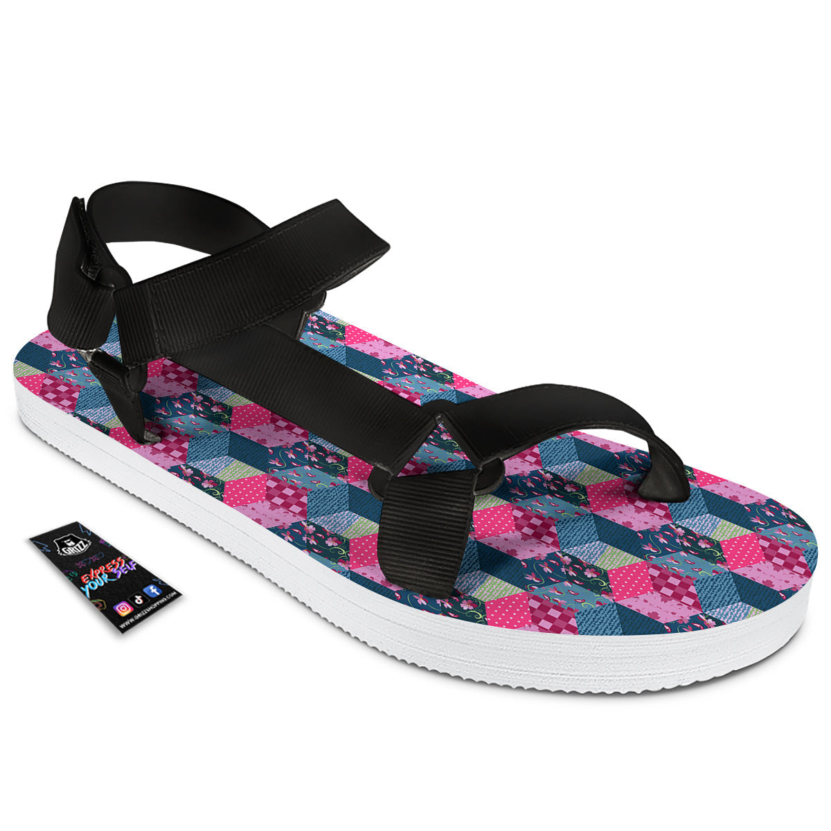 Cute Floral Patchwork Print Pattern Black Open Toe Sandals-grizzshop