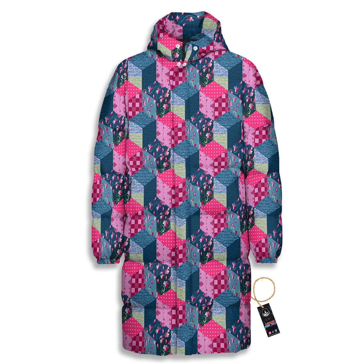Cute Floral Patchwork Print Pattern Long Down Jacket-grizzshop