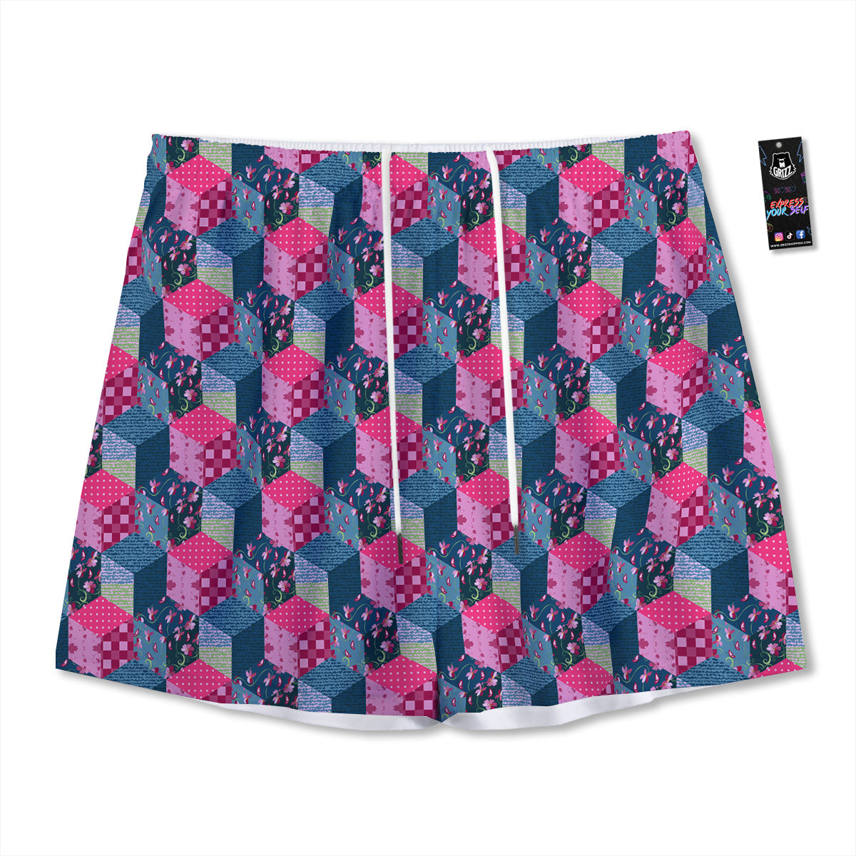 Gingham White And Grey Print Pattern Mesh Shorts