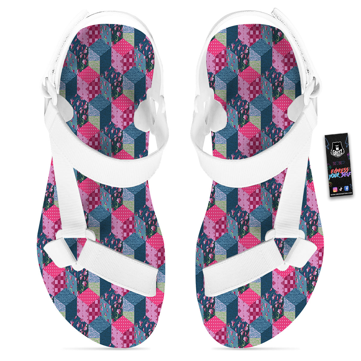 Cute Floral Patchwork Print Pattern White Open Toe Sandals-grizzshop