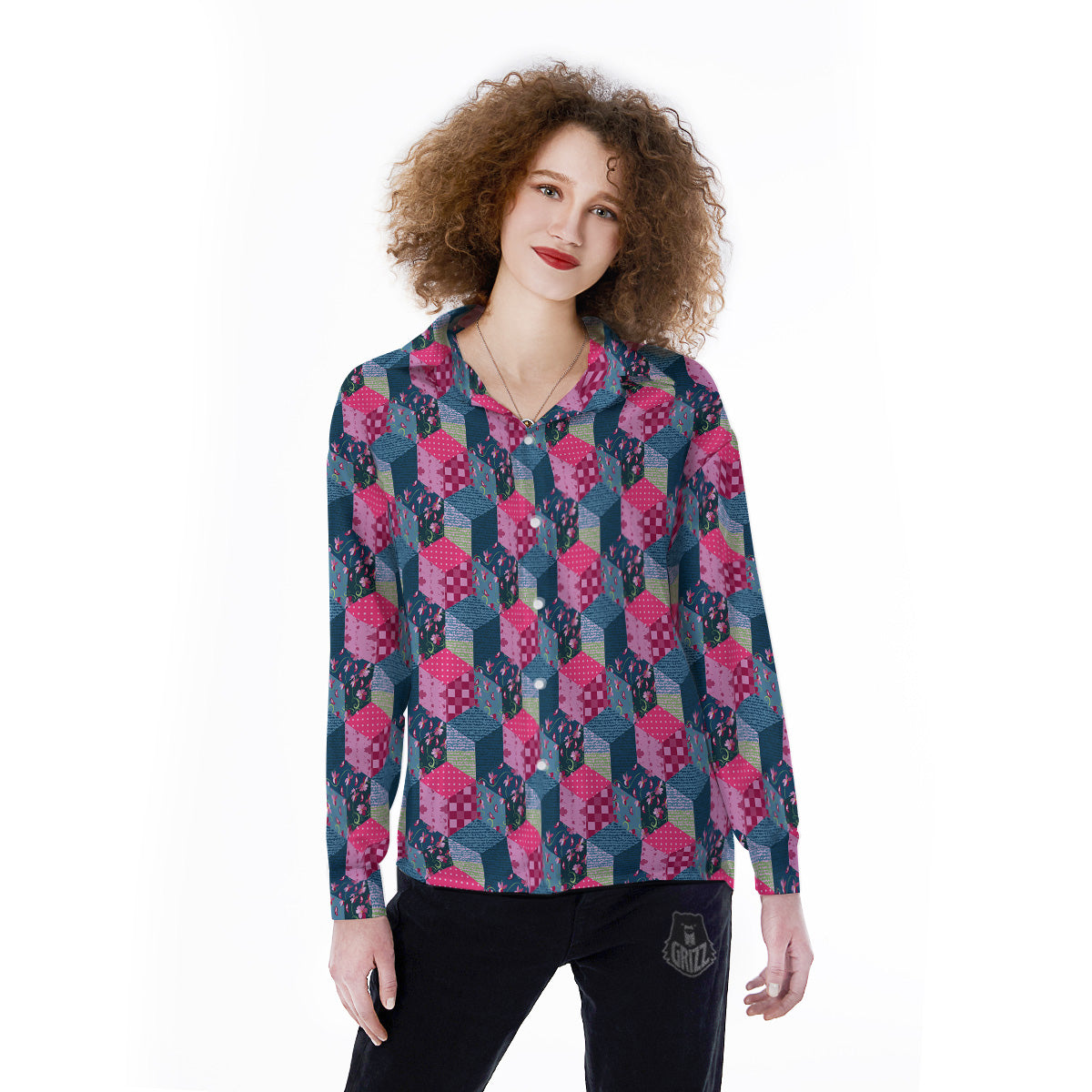 Cute Floral Patchwork Print Pattern Women's Long Sleeve Shirts-grizzshop