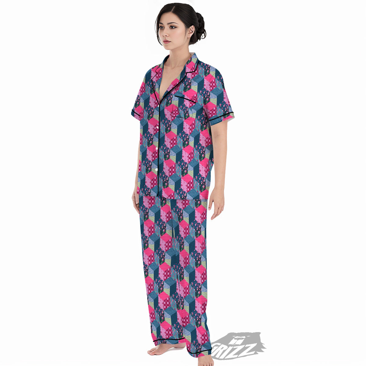 Cute Floral Patchwork Print Pattern Women's Pajamas Set-grizzshop