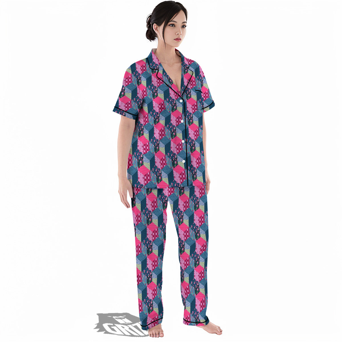 Cute Floral Patchwork Print Pattern Women's Pajamas Set-grizzshop