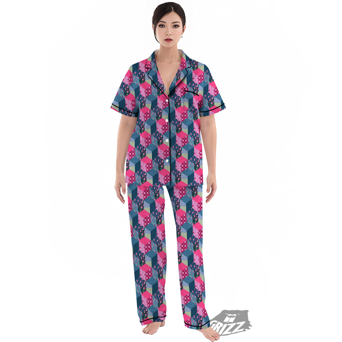 Cute Floral Patchwork Print Pattern Women's Pajamas Set-grizzshop