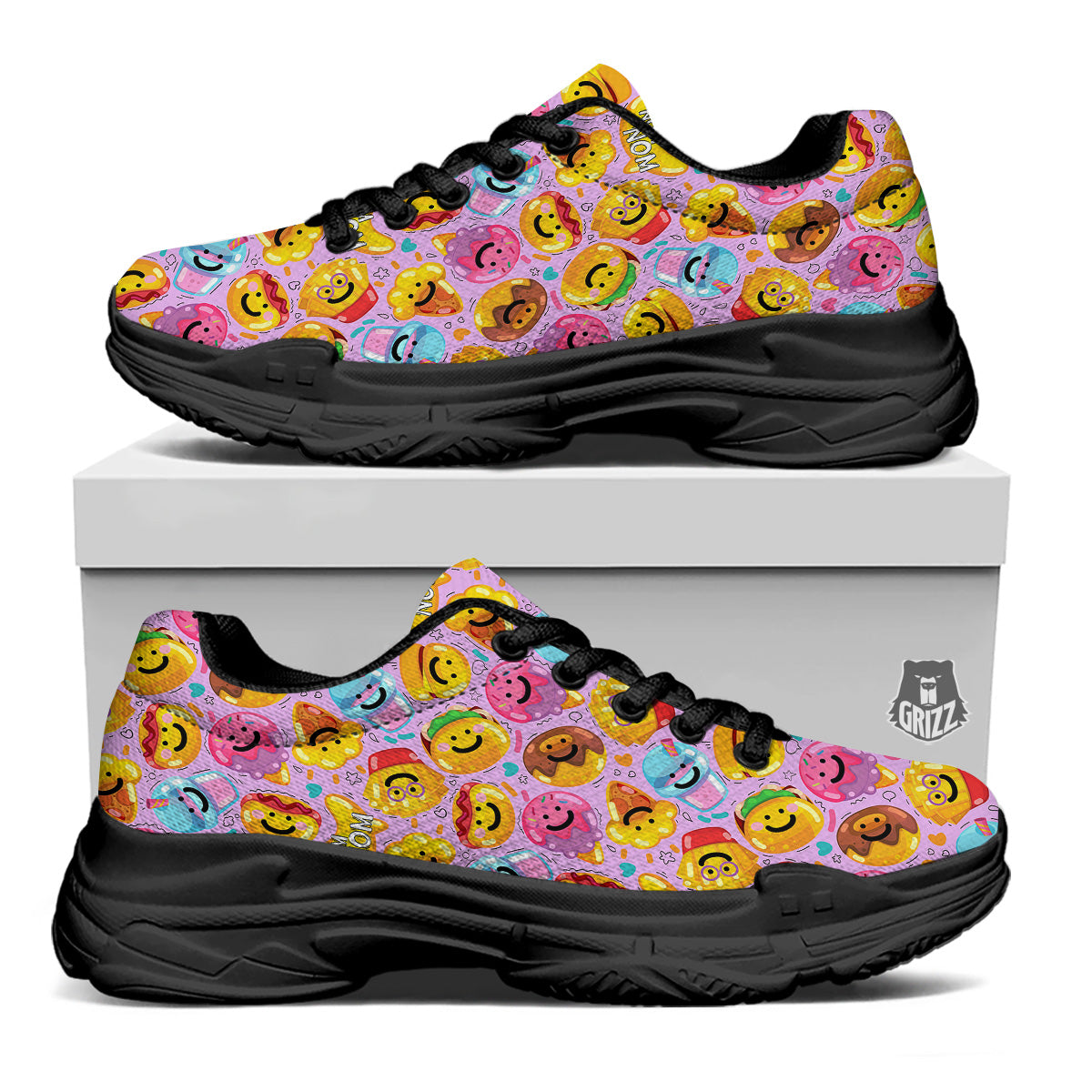 Cute Food Emoji Print Pattern Black Chunky Shoes-grizzshop