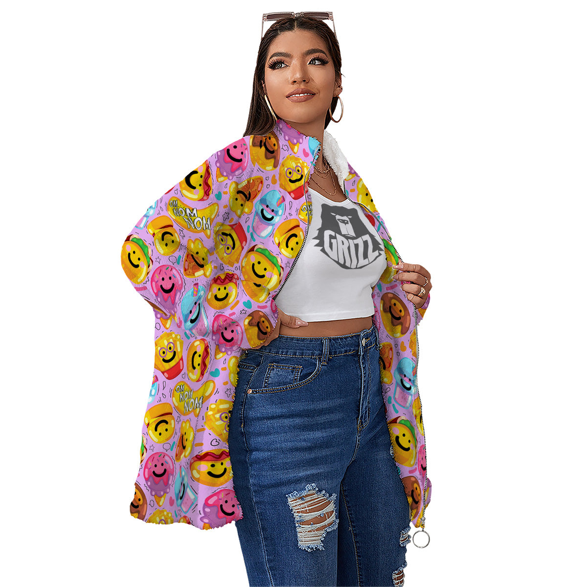 Cute Food Emoji Print Pattern Women's Sherpa Jacket-grizzshop
