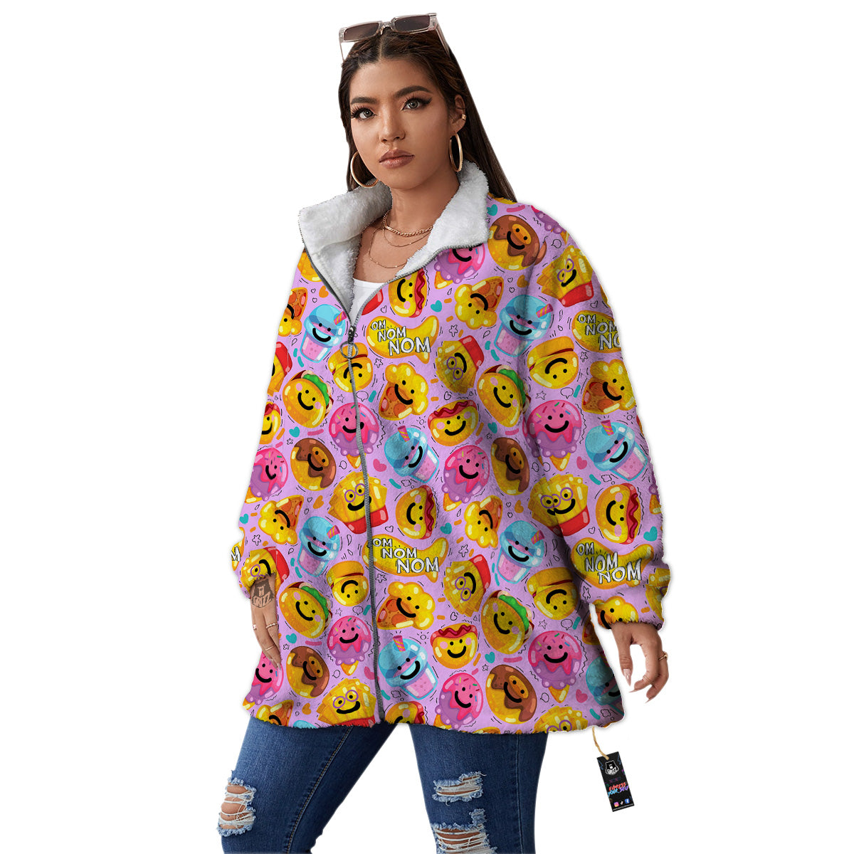 Cute Food Emoji Print Pattern Women's Sherpa Jacket-grizzshop
