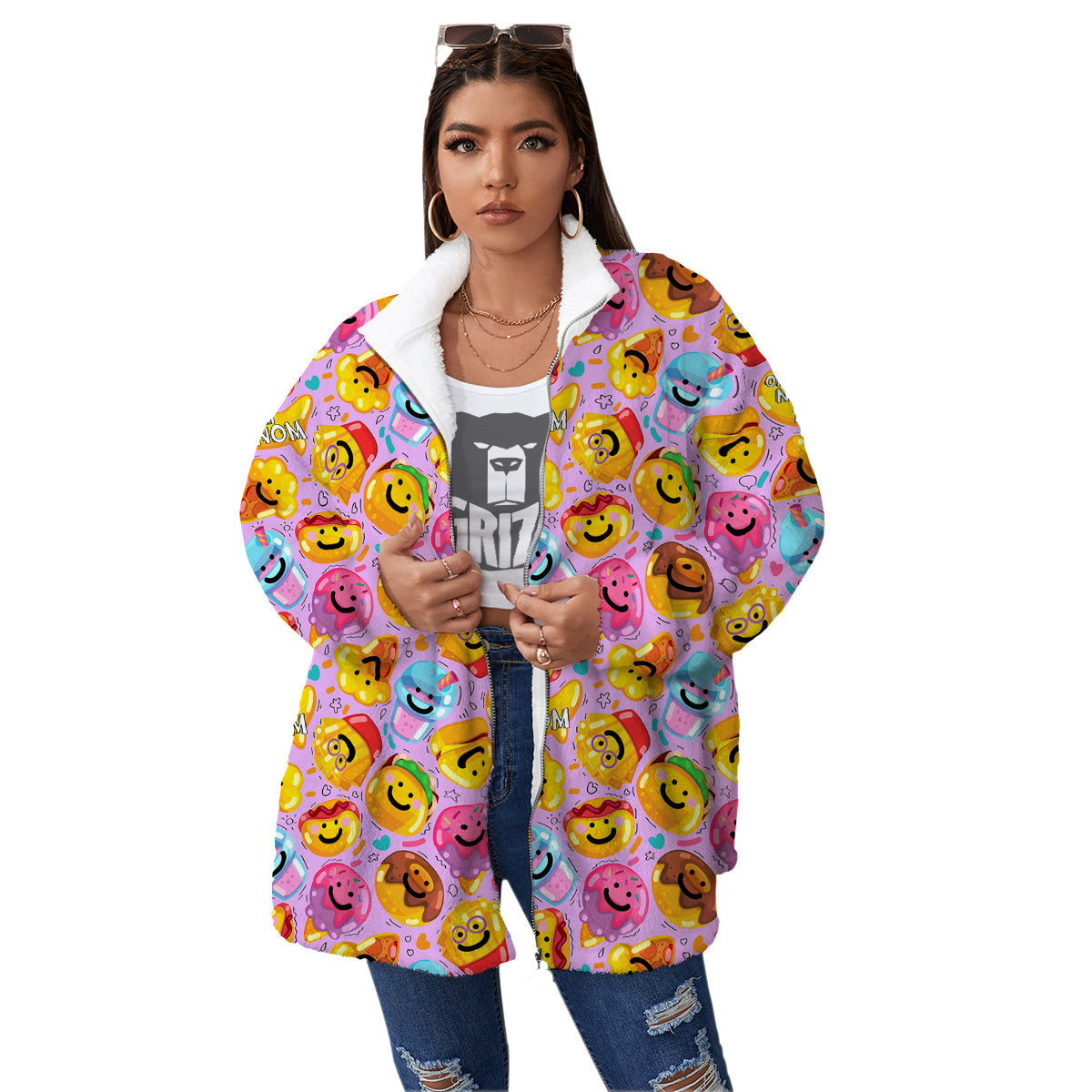Cute Food Emoji Print Pattern Women's Sherpa Jacket-grizzshop