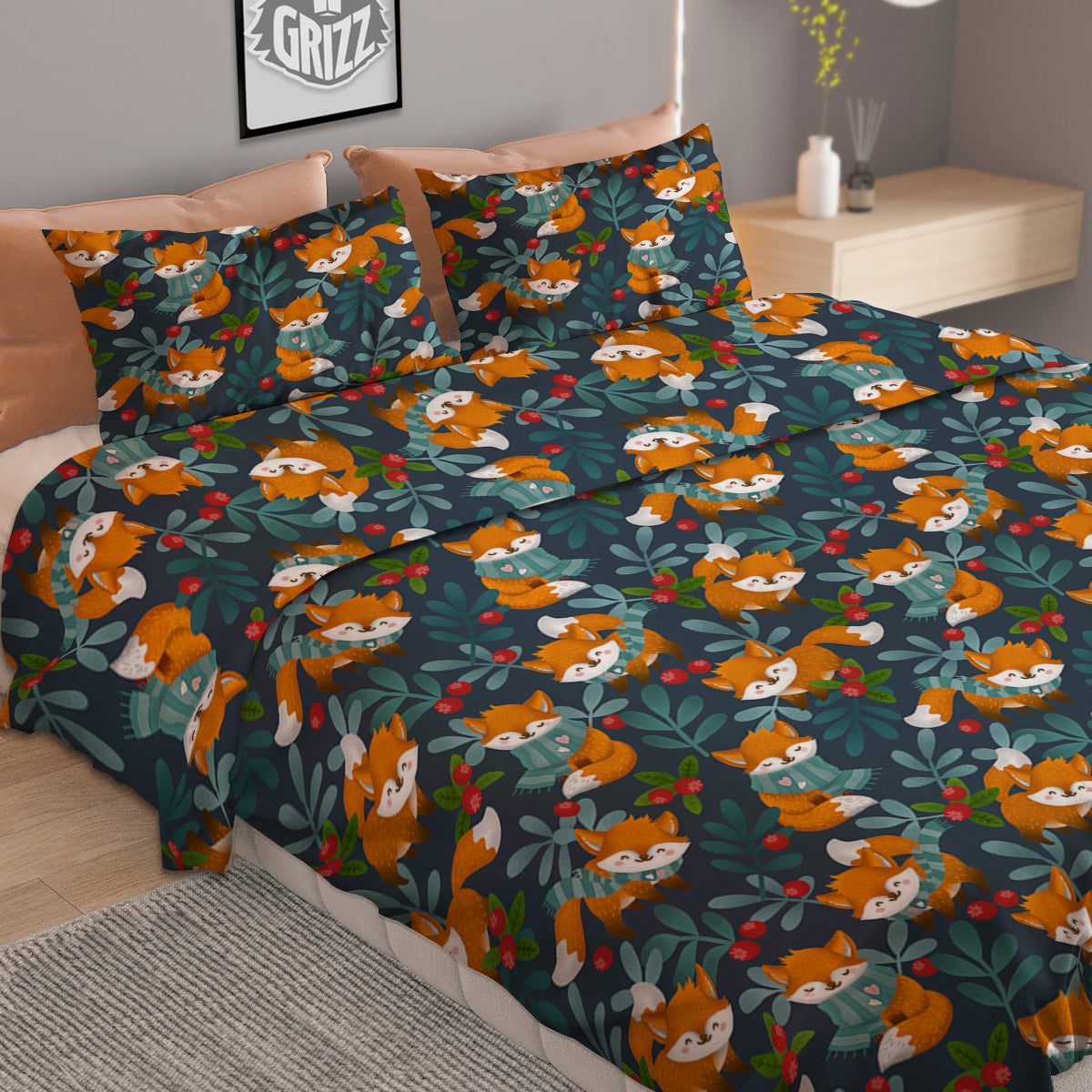 Cute Fox Print Pattern Duvet Cover Bedding Set