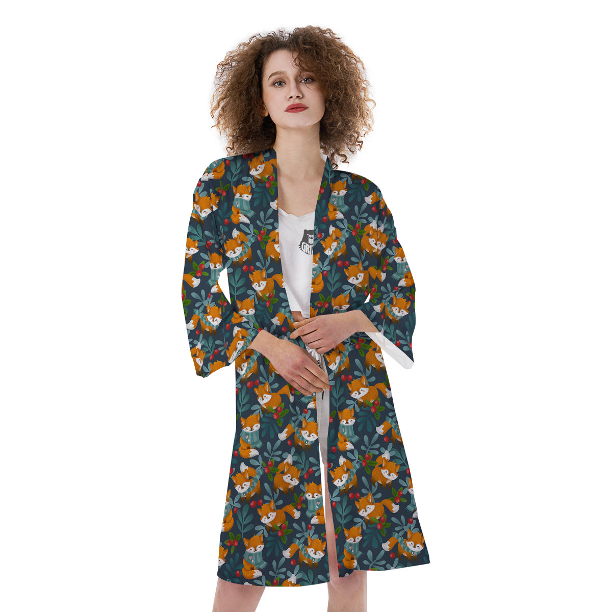 Cute Fox Print Pattern Kimono-grizzshop