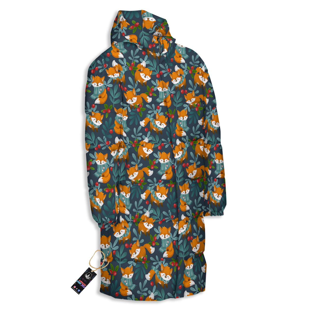 Cute Fox Print Pattern Long Down Jacket-grizzshop