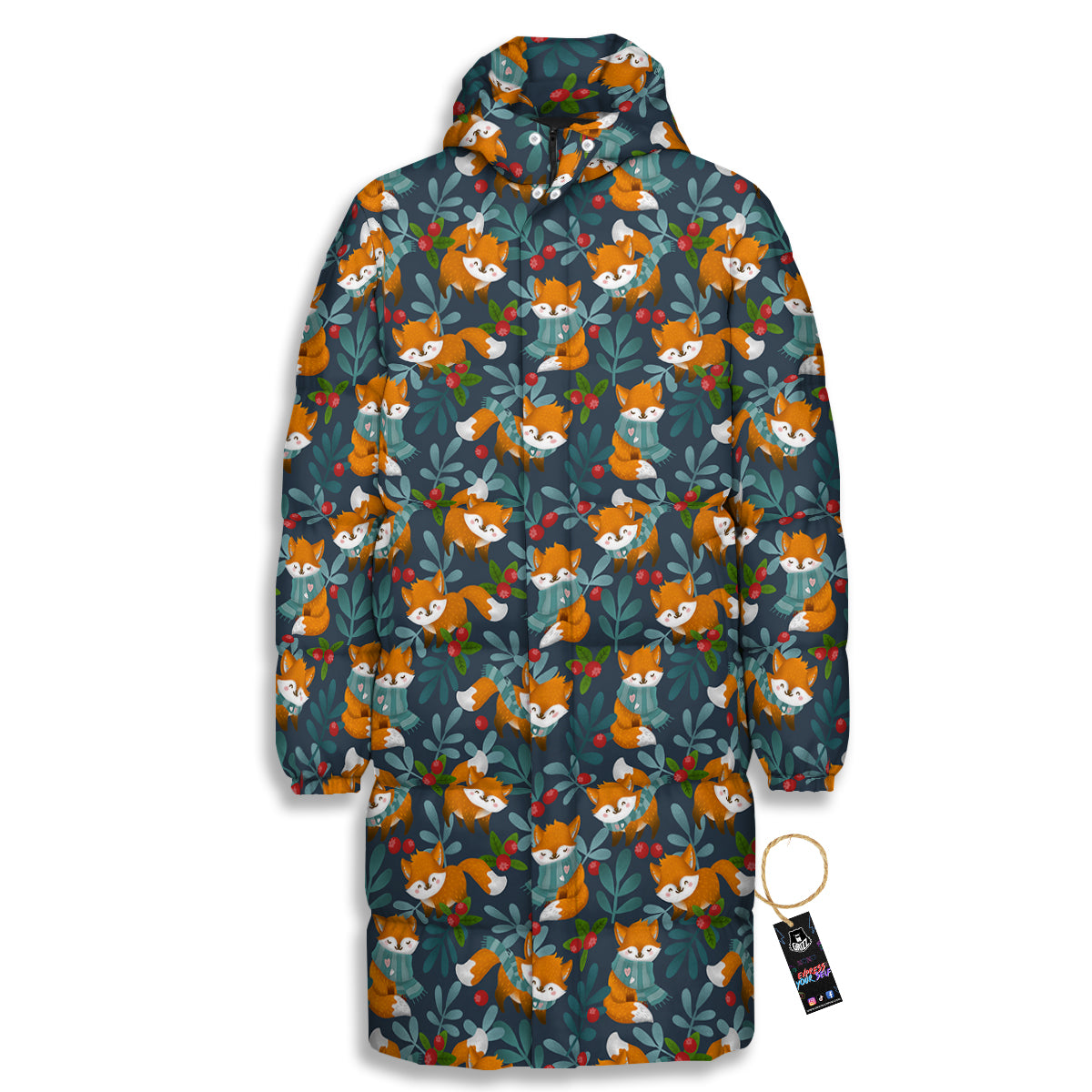 Cute Fox Print Pattern Long Down Jacket-grizzshop