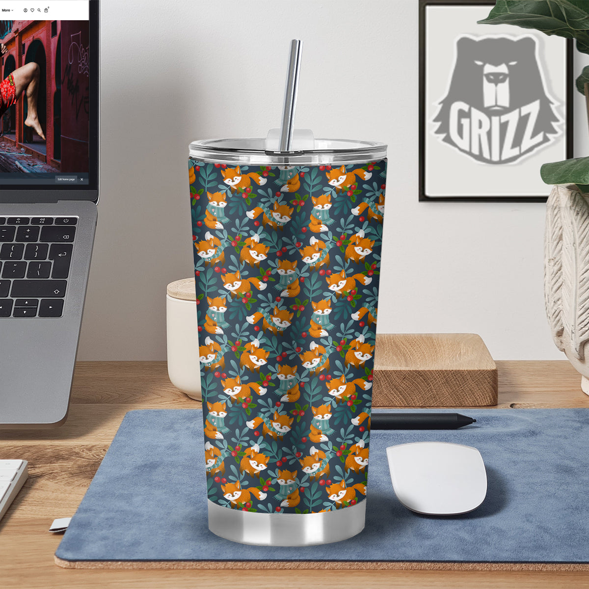 Cute Fox Print Pattern Tumbler-grizzshop