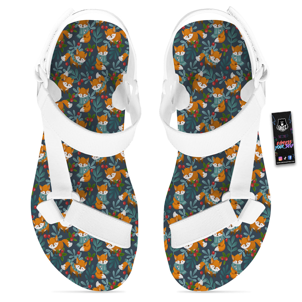 Cute Fox Print Pattern White Open Toe Sandals-grizzshop