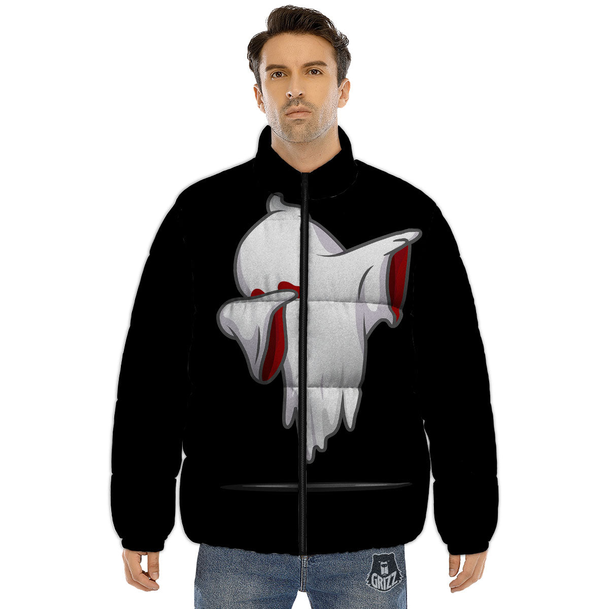 Cute Ghost Dap Print Puffer Jacket-grizzshop