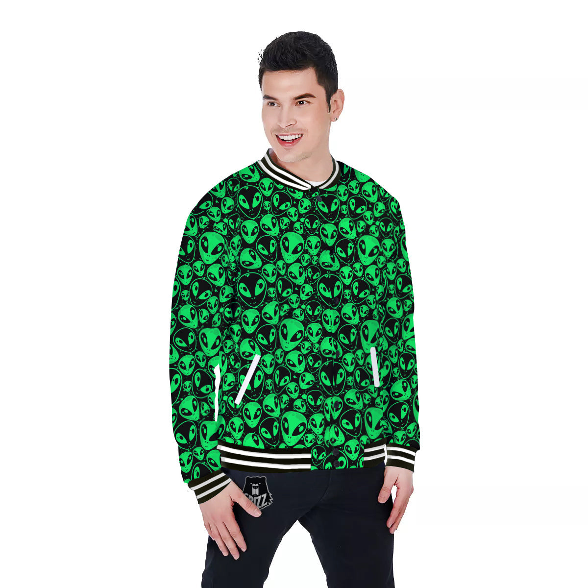 Cute Green Alien Print Pattern Baseball Jacket-grizzshop