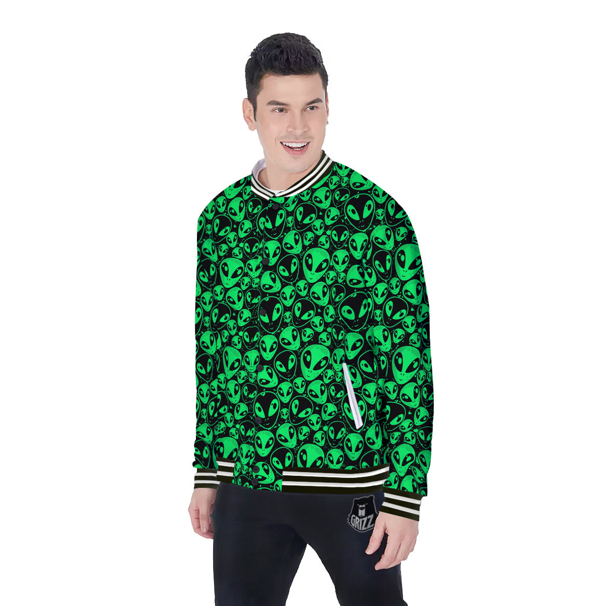Cute Green Alien Print Pattern Baseball Jacket-grizzshop