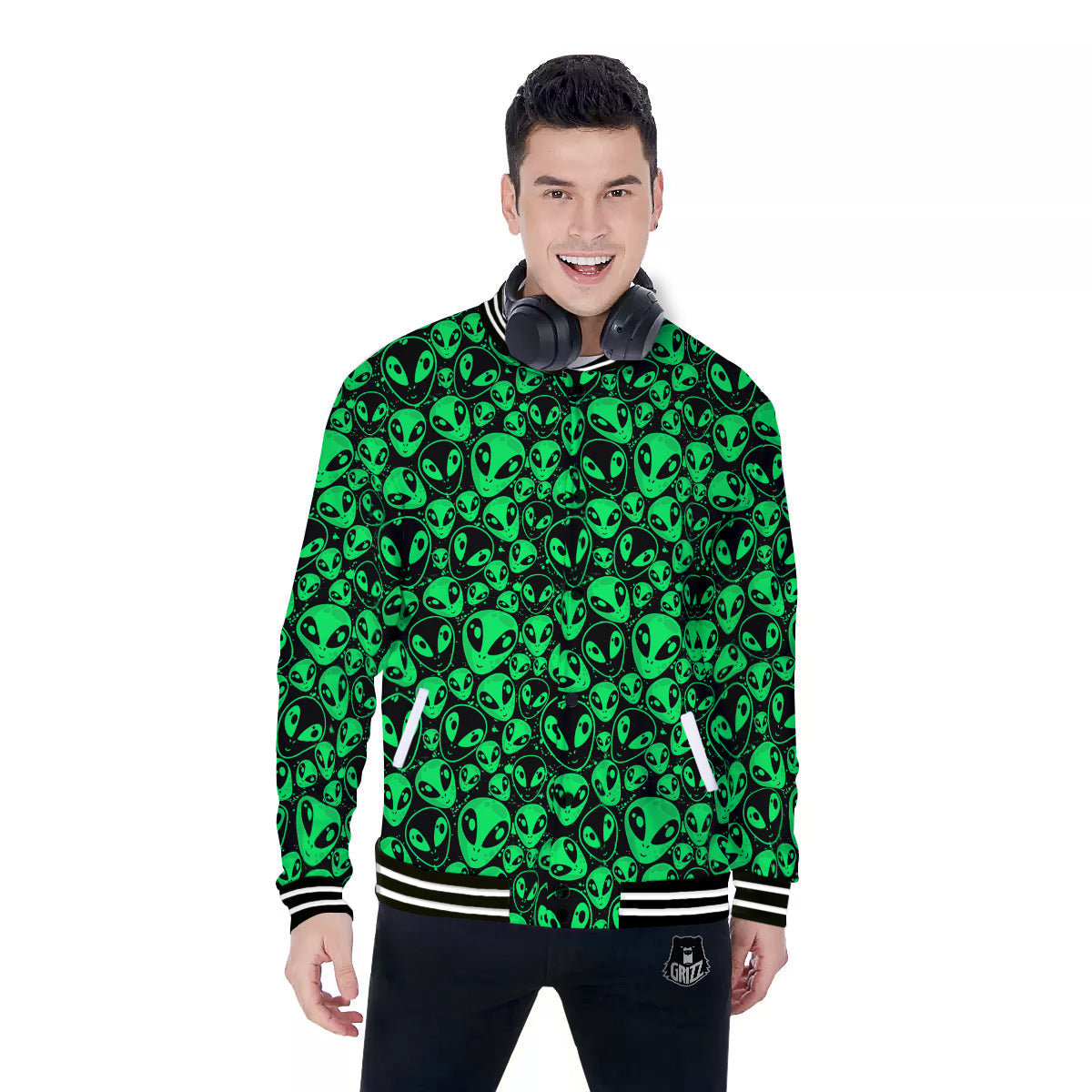 Cute Green Alien Print Pattern Baseball Jacket-grizzshop