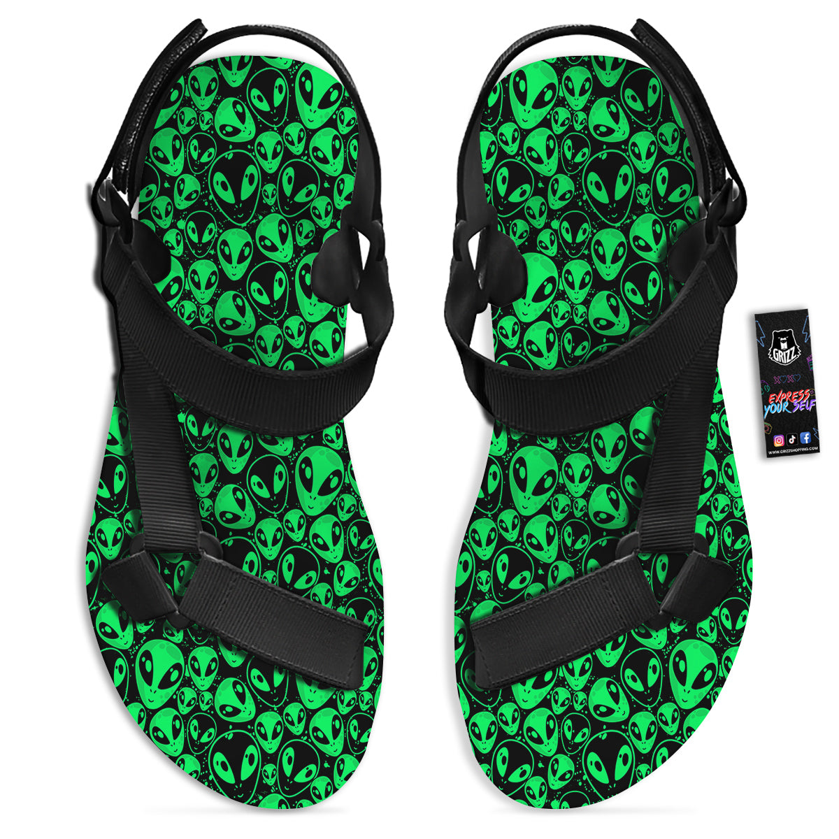 Cute Green Alien Print Pattern Black Open Toe Sandals-grizzshop