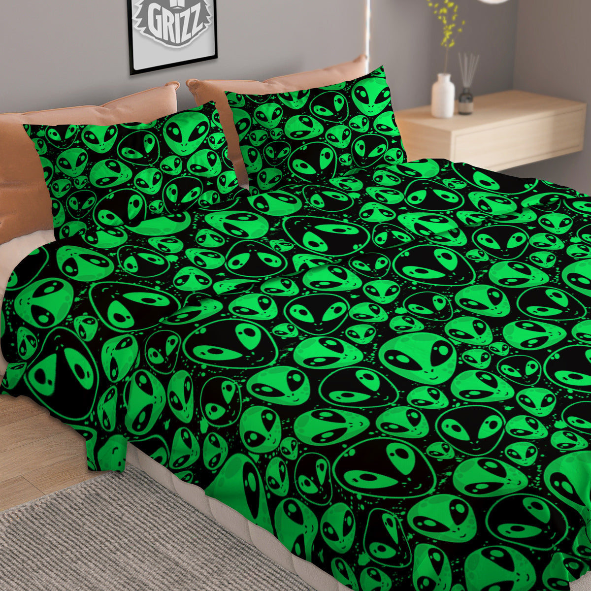 Cute Green Alien Print Pattern Duvet Cover Bedding Set