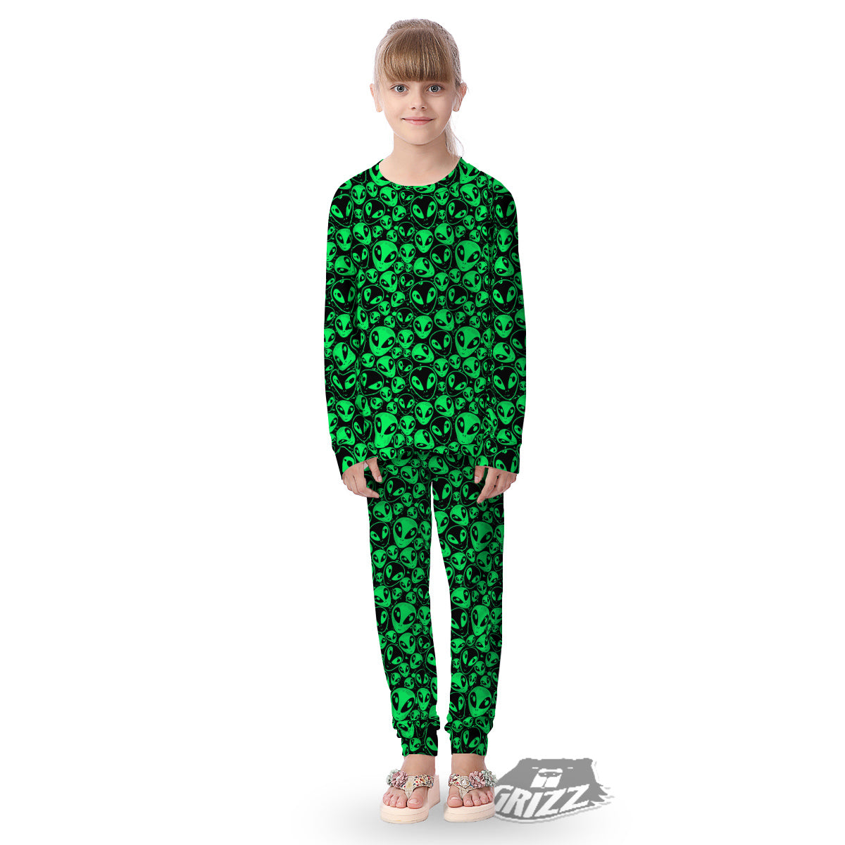 Cute Green Alien Print Pattern Kid's Pajamas-grizzshop