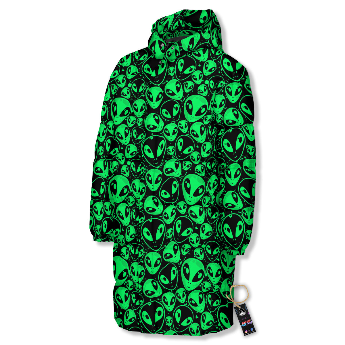 Cute Green Alien Print Pattern Long Down Jacket-grizzshop