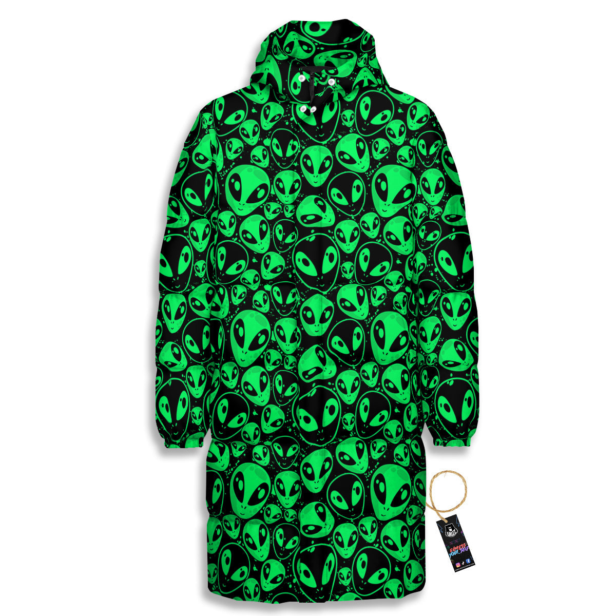 Cute Green Alien Print Pattern Long Down Jacket-grizzshop