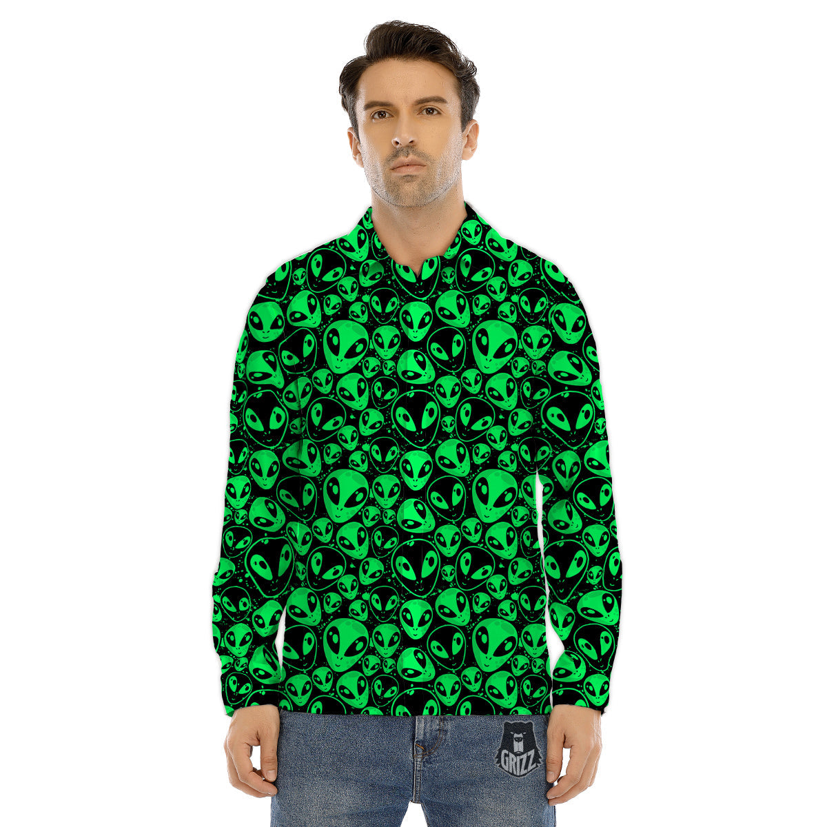 Cute Green Alien Print Pattern Men's Dress Shirts-grizzshop