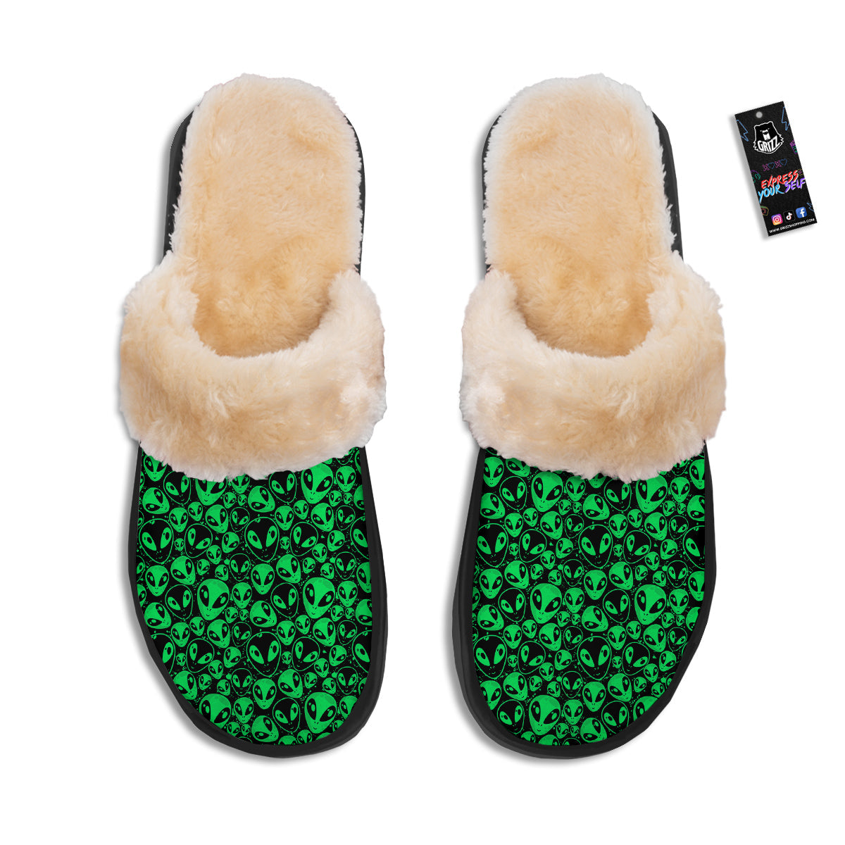 Cute Green Alien Print Pattern Slippers-grizzshop
